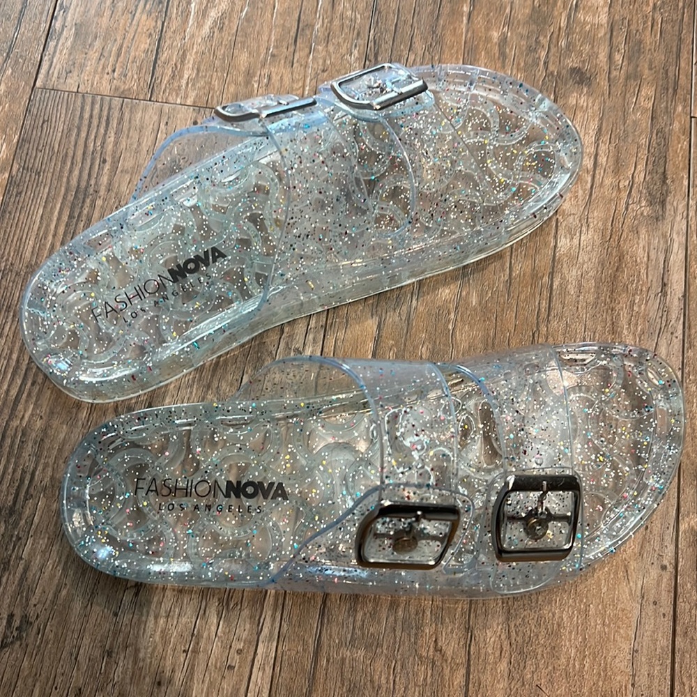 Fashion nova slides. Never worn. Clear glitter.